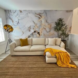 Luxury 4 seater corner sofa with modern L-shape design, velvet fabric, deep seating, and elegant living room styling