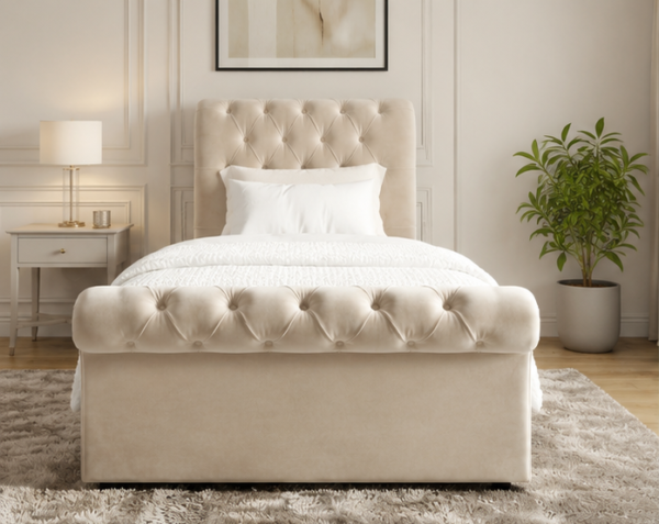 Chesterfield Bed Upholstered Frame Chesterfield bed with tufted upholstered headboard and luxury fabric finish