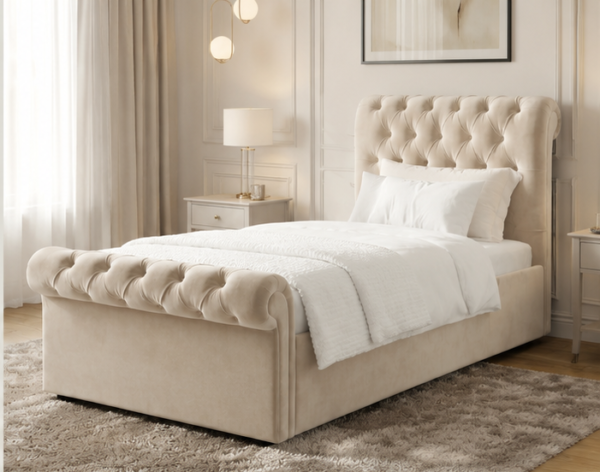 Chesterfield Bed Upholstered Frame Chesterfield bed with tufted upholstered headboard and luxury fabric finish