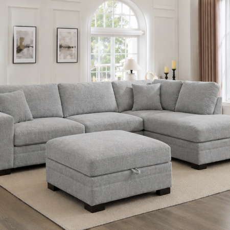 Chenille cord sofa with soft textured fabric upholstery and deep cushioned seating in modern living room