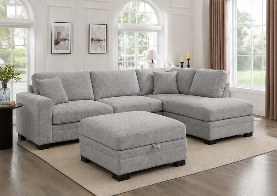 Chenille cord sofa with soft textured fabric upholstery and deep cushioned seating in modern living room