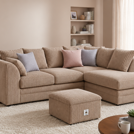 Jumbo Chaise Sofa in modern living room with spacious L-shaped seating and soft fabric upholstery