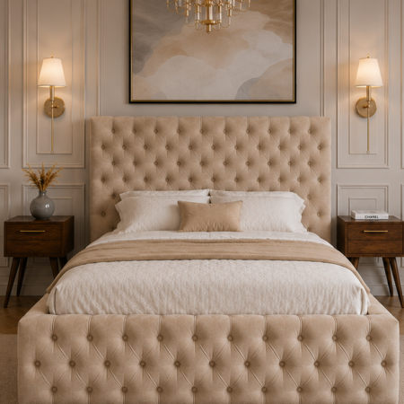 Chesterfield King Bed with button tufted upholstered headboard
