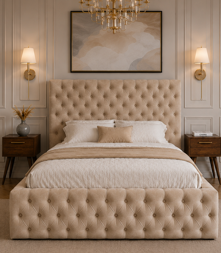 Chesterfield King Bed with button tufted upholstered headboard